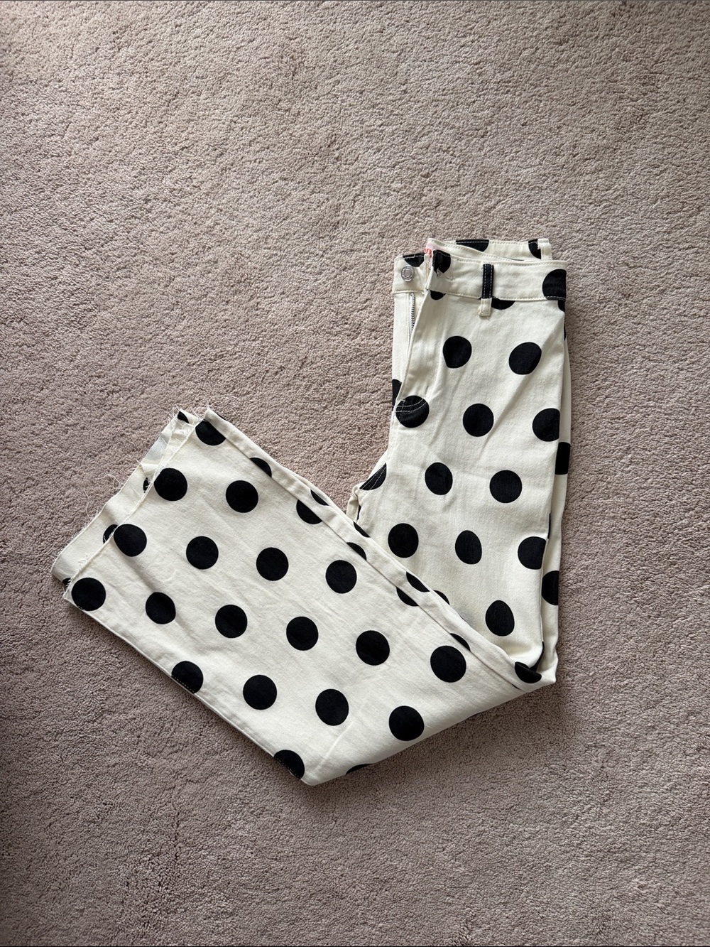 Big Polka Dot Stretchy Ivory Denim Pants- Ivory with Black Dot